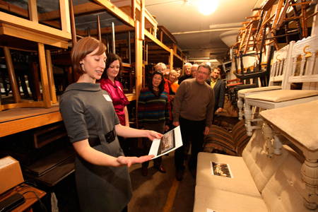 Steppenwolf Properties Master Jenny DiLuciano gives guests a tour of the prop storage area.