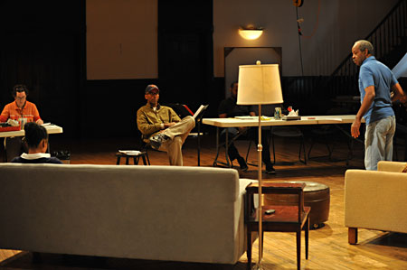Ensemble Member Alana Arenas and Alfred Wilson in front of Director Timothy Douglas and Stage Manager Angela Adams