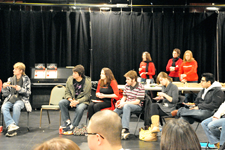 Young Adult Council members Grace McQueeny and Owais Ahmed participate in a post-show discussion with the actors from Art.