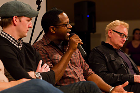 Actors Cliff Chamberlain, Steppenwolf ensemble member James Vincent Meredith, and John Judd participate in an artistic discussion after the show