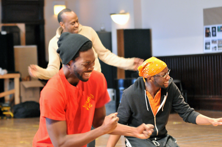 Tarell Alvin McCraney and Phillip James Brannon(foreground) with ensemble member K. Todd Freeman(background)