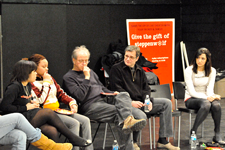 Ensemble member Francis Guinan and fellow cast member John Procaccino speak with MaTEENée participants and Young Adult Council members Brittany Stokes and Safiya Nygaard