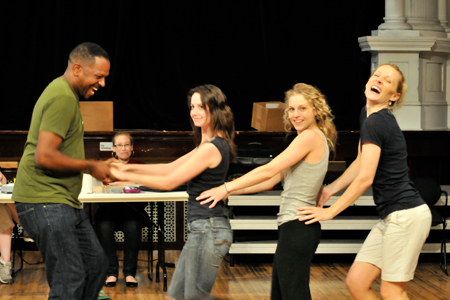 Ensemble member James Vincent Meredith with Hillary Clemens, Rani Waterman and Jennifer Coombs