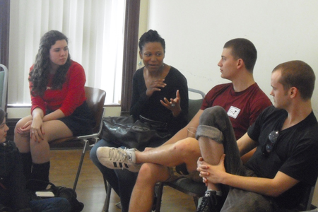 Young Adult Council member Laura Fisher, ensemble member Alana Arenas and Stephen Louis Grush (far right) chat with MaTEENée participants