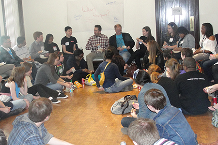 Teen congregate in the Steppenwolf Administrative building to discuss the themes and ideas in Endgame