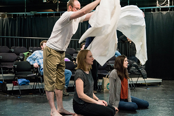 Kyle Zornes, Brittany Burch and Hannah Toriumi in rehearsal for <i>Richard III</i>.