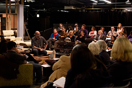 Director Matthew Miller gives notes to the cast while the First Look 101 class observes rehearsal