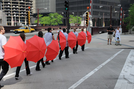 Umbrella promotion on the streets of Chicago